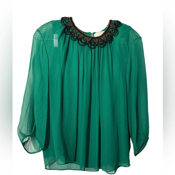 3.1 Phillip Lim Green Silk Chiffon Blouse Beaded Collar Size 6 - Picture 1 of 6
